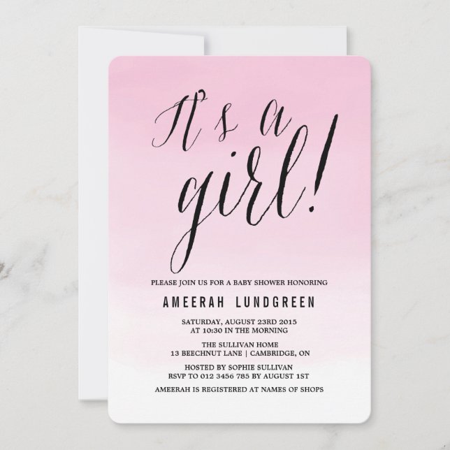 Invitation Baby shower Ombre Pink Watercolor (Devant)