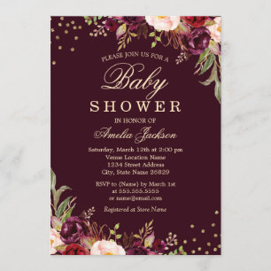 Invitation Baby shower Or Bourgogne floral Éperche