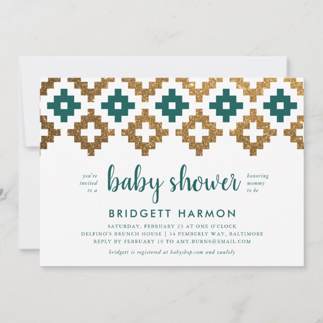 Invitation Baby shower or et Emerald Boho Aztec (Devant)