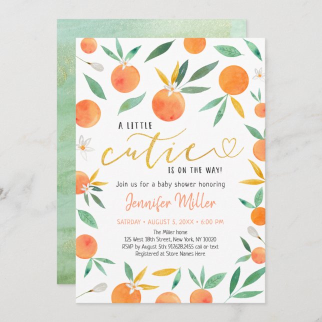 Invitation Baby shower Or Little Cutie Greenery (Devant / Derrière)