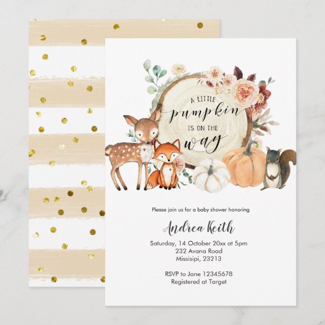 Invitation Baby shower orange brûlé citrouille de forêt (Devant / Derrière)
