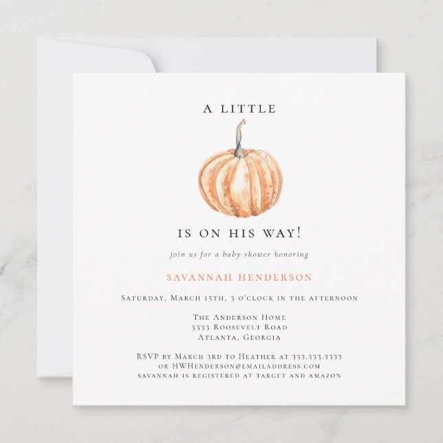 Invitation Baby shower orange Citrouille d'aquarelle amusante (Devant)