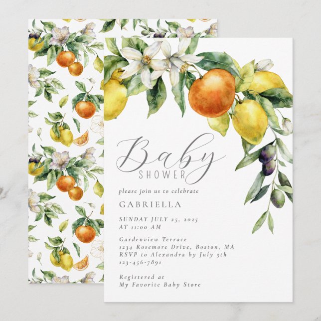Invitation Baby shower orange Citrus moderne (Devant / Derrière)