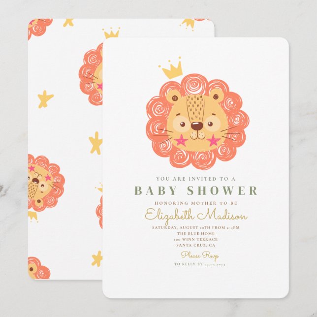 Invitation Baby shower Orange Cute Lion King (Devant / Derrière)