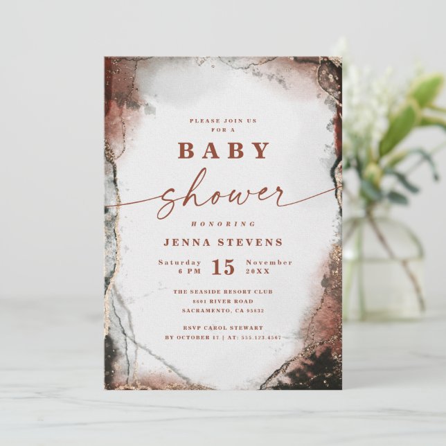 Invitation Baby shower orange rustique Abstrait moderne (Debout devant)