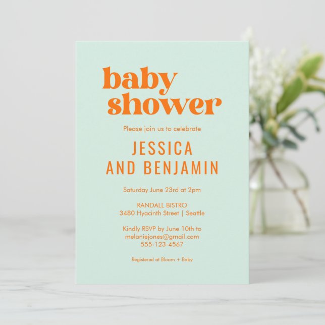 Invitation Baby shower orange vert à la menthe moderne (Debout devant)