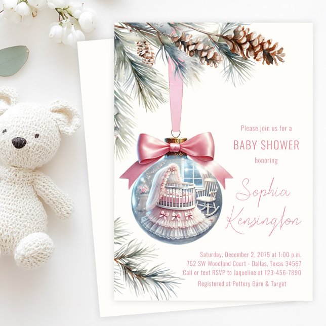 Invitation Baby shower Ornement rose (Tree ornament baby shower invitation with glass ornament with baby girl pink nursery scene inside.)