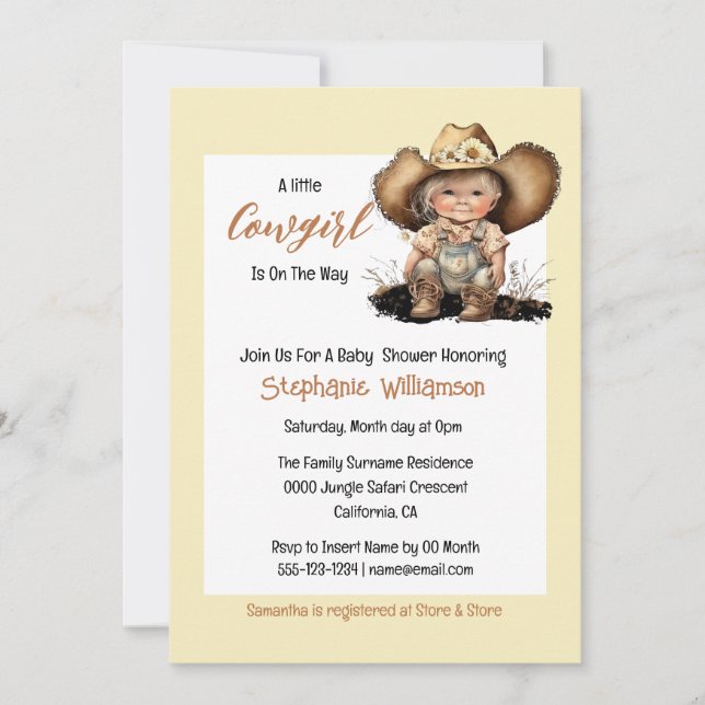 Invitation Baby shower ouest sauvage de cowgirl western (Devant)