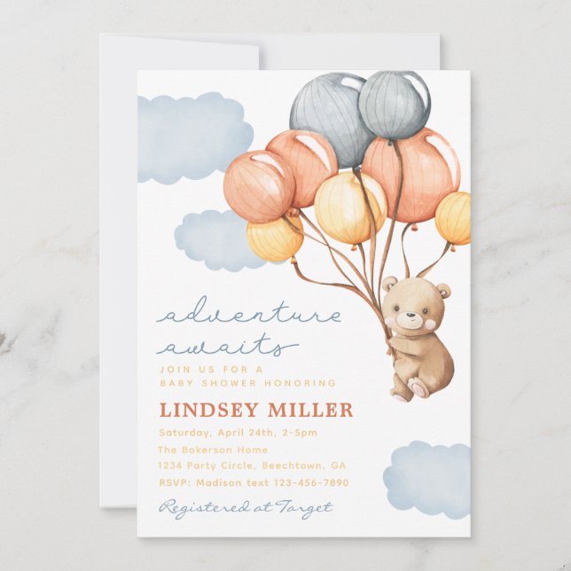Invitation Baby shower Ours Ballons | Aventure (Devant)