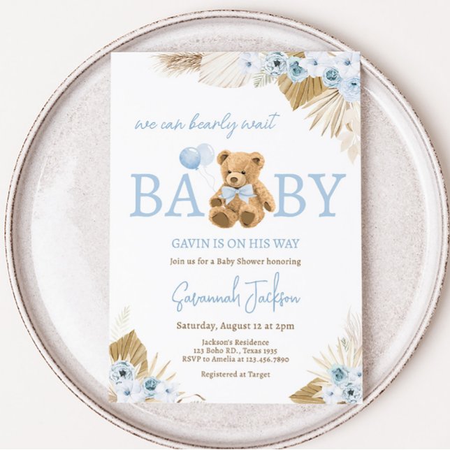 Invitation Baby shower Ours Bleu Boho (Blue Pampas Grass Teddy Bear Baby Shower Invitation)
