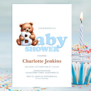 Invitation Baby shower Ours Bleu Teddy