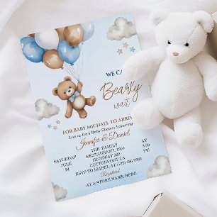 Invitation Baby Shower Ours Brun Bleu Enjoué sous un Ciel Nua
