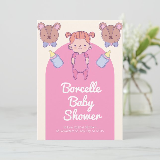Invitation Baby Shower Ours Brun Rose  (Debout devant)