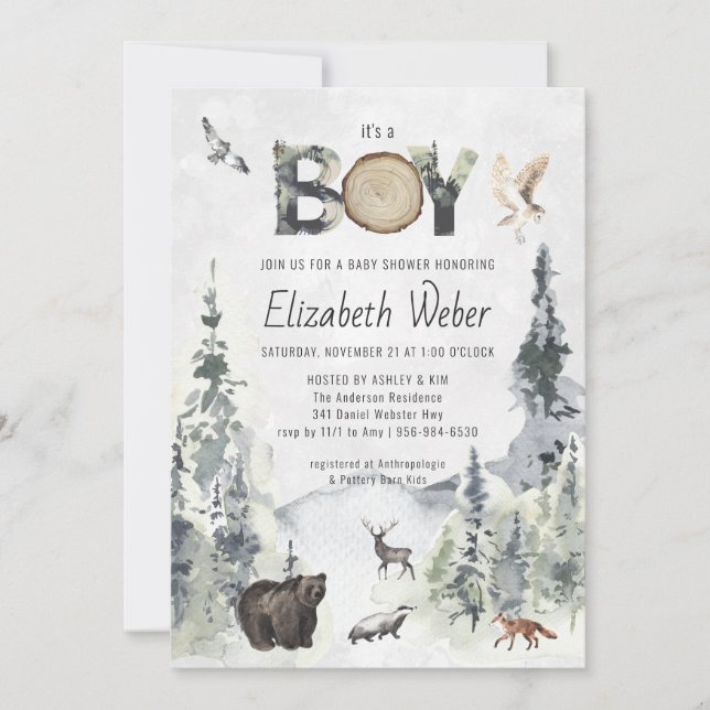 Invitation Baby shower Ours de forêt rustique (Devant)