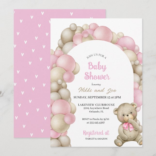 Invitation Baby shower ours en peluche en arc rose (Devant / Derrière)