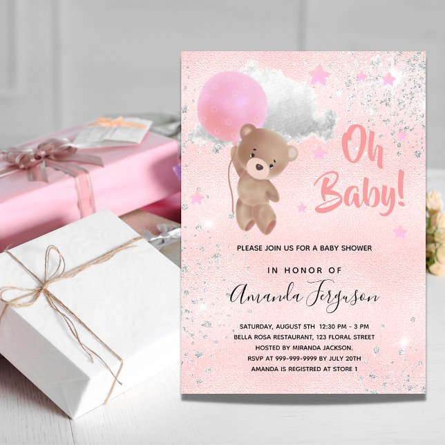 Invitation Baby shower ours en peluche fille rose argent invi (Créateur téléchargé)