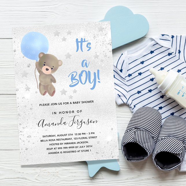 Invitation Baby shower ours en peluche garçon bleu argent éto (Créateur téléchargé)
