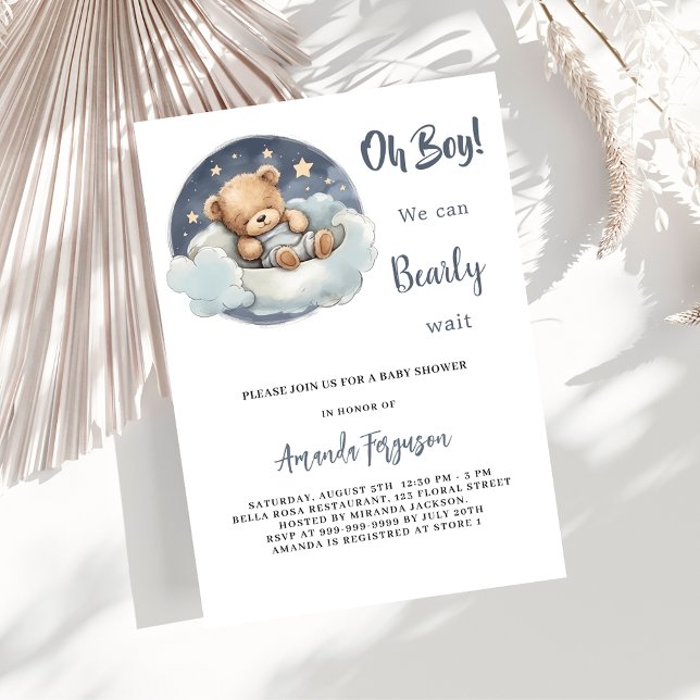 Invitation Baby shower ours en peluche garçon bleu lune ciel (Créateur téléchargé)