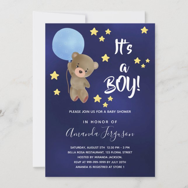 Invitation Baby shower ours en peluche garçon étoile bleue (Devant)