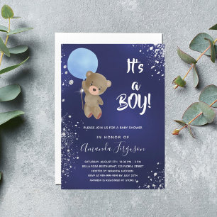 Invitation Baby shower ours en peluche garçon marine bleu par