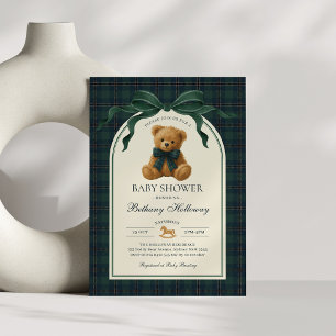 Invitation Baby Shower Ours en Peluche Polo à Carreaux Vert e