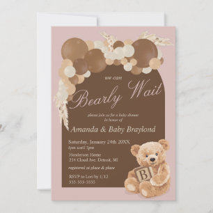 Invitation Baby Shower Ours en peluche rose poussiéreux Bohèm