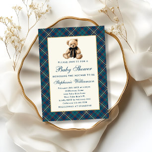 Invitation Baby Shower Ours en Peluche Vintage à Carreaux Ble