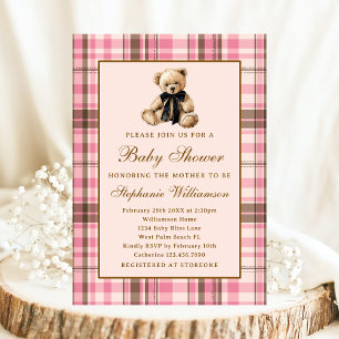 Invitation Baby Shower Ours en peluche vintage à carreaux ros