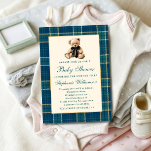 Invitation Baby-Shower Ours en peluche vintage à carreaux ver