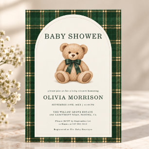 Invitation Baby Shower Ours en Tartan à Carreaux Verts Classi