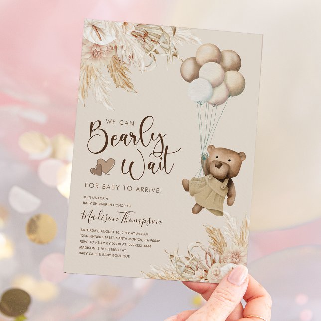 Invitation Baby shower Ours En Teddy Boho Pampas Grass (Créateur téléchargé)