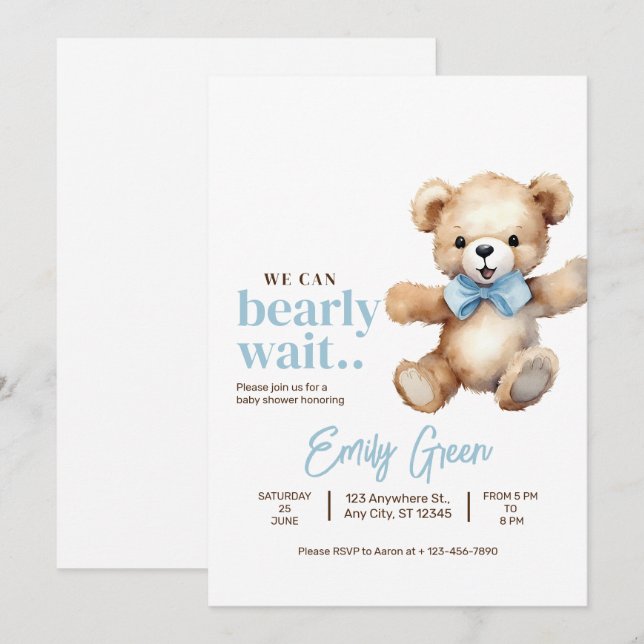 Invitation Baby shower Ours En Teddy, On Peut Attendre (Devant / Derrière)