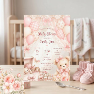 Invitation Baby Shower Ours en Teddy Rose Coquette