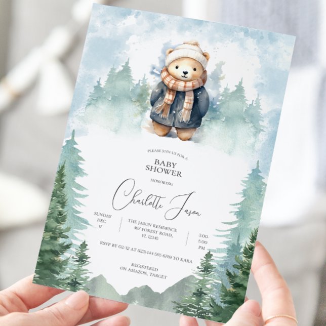 Invitation Baby shower Ours mou de la forêt d'hive (Créateur téléchargé)