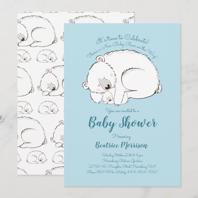 Invitation Baby shower Ours Polaire Bois Bois d'hiver Bleu (Devant / Derrière)