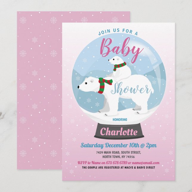 Invitation Baby shower Ours polaire d'hiver Globe des neiges  (Devant / Derrière)