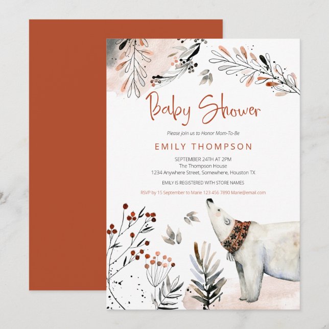 Invitation Baby Shower Ours Polaire Feuillage d'Hiver Orange  (Devant / Derrière)