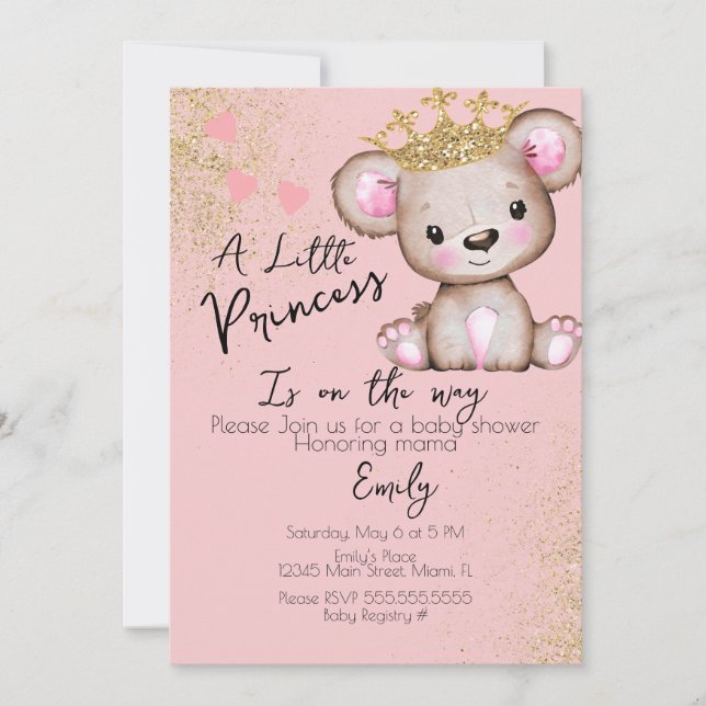 Invitation Baby shower Ours Princesse rose étincelante (Devant)