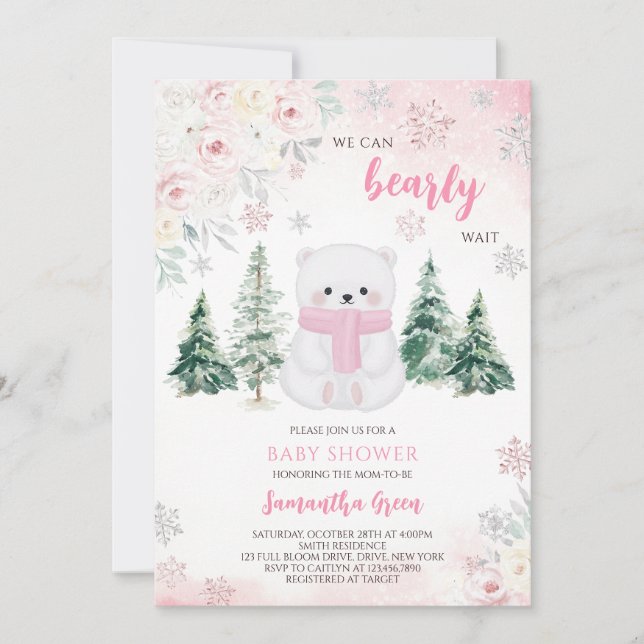 Invitation Baby shower Ours rose (Devant)