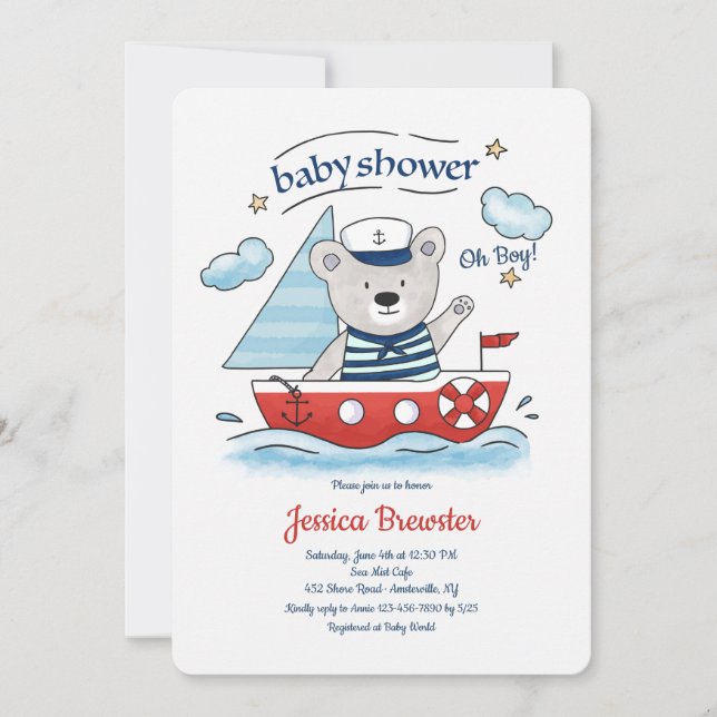Invitation Baby Shower Ours Teddy Bear à la voile (Devant)