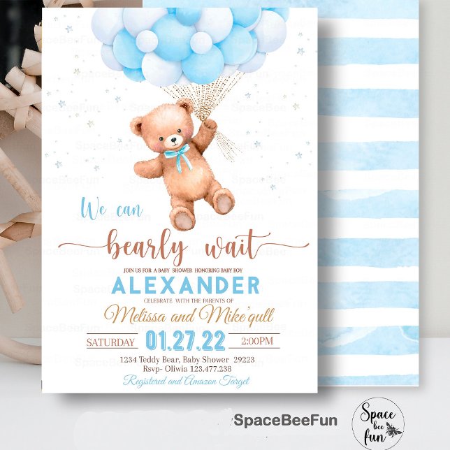 Invitation Baby shower Ours Teddy On Peut Bearly W (Teddy Bear baby shower boy,Baby Shower bear invitation,boho bohemian bear,We Can Bearly Wait invites)