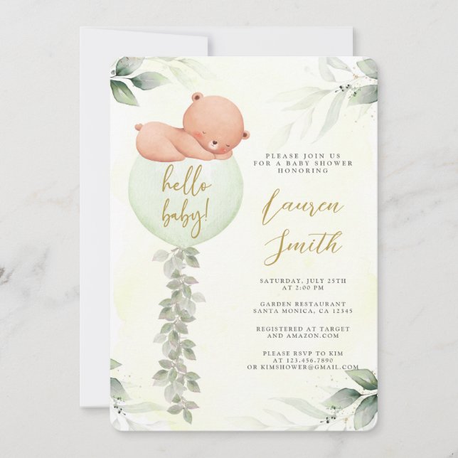 Invitation Baby shower Ours vert Sage (Devant)