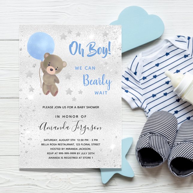 Invitation Baby shower ourson garçon bleu argent (Créateur téléchargé)