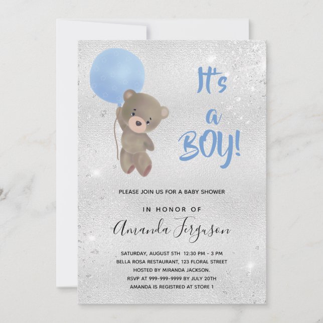 Invitation Baby shower ourson garçon bleu argent (Devant)