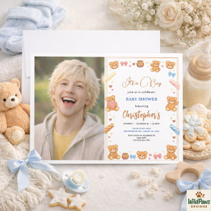Invitation Baby Shower Ourson pour Garçon Joli Ours Bleu