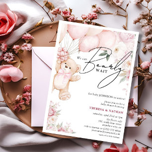 Invitation Baby Shower Ourson Rose et Fleurs Fille