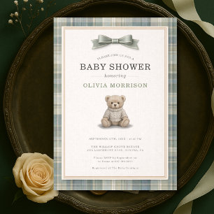 Invitation Baby Shower Ourson Vert à Carreaux