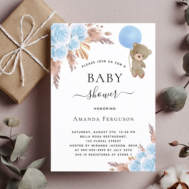 Invitation Baby shower pampas herbe ours en peluche bleu (Créateur téléchargé)