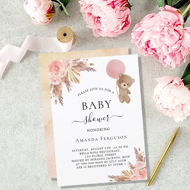 Invitation Baby shower pampas herbe ours en peluche fille ros (Créateur téléchargé)
