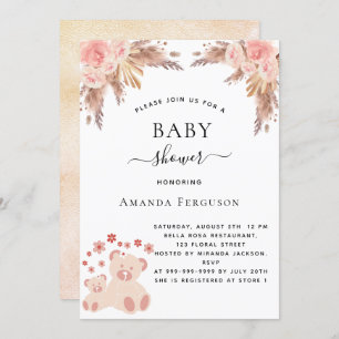 Invitation Baby shower pampas herbe ours en peluche rose or f